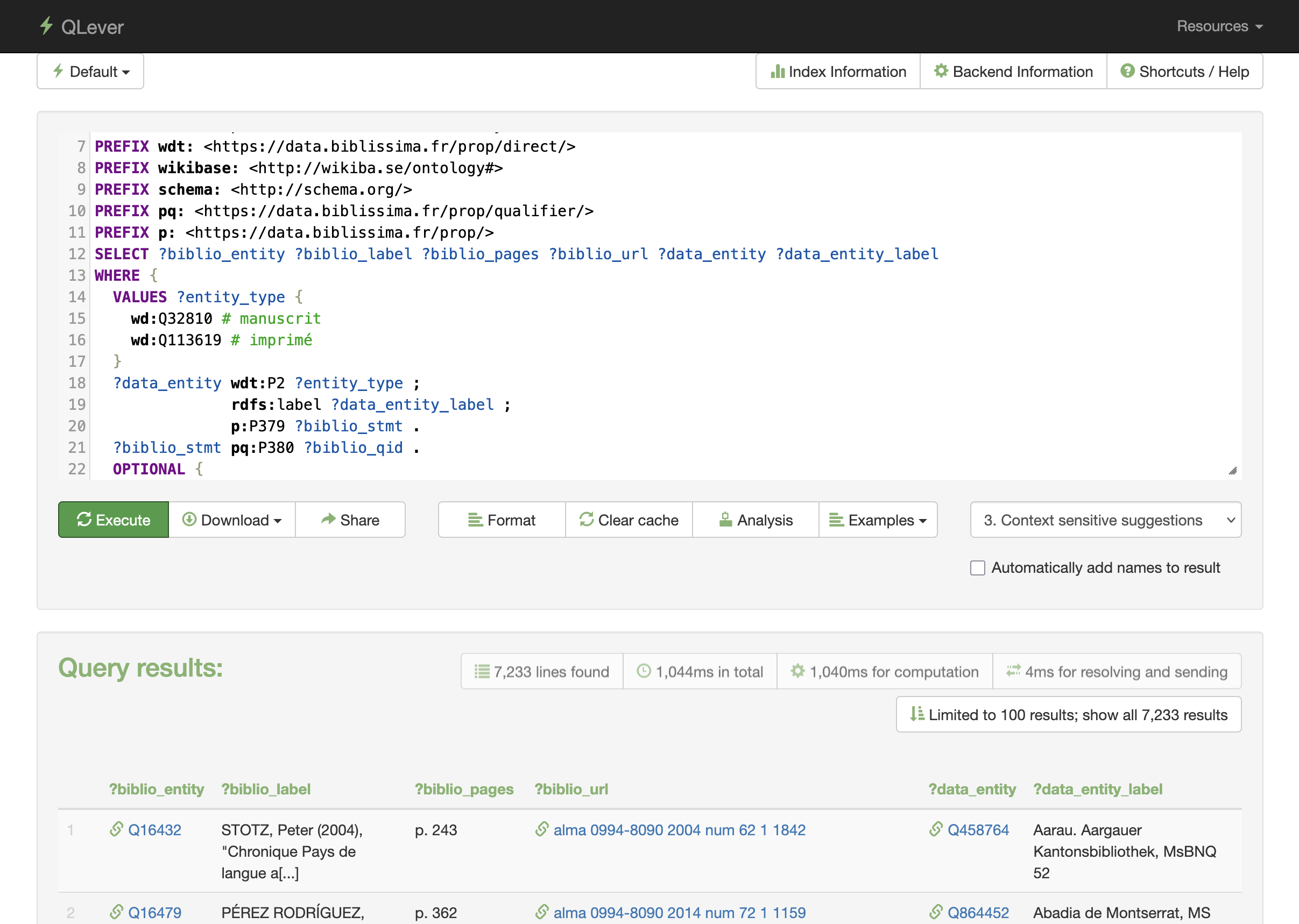 Capture d'écran de l'instance Biblissima de l'interface web de requête SPARQL fournie par QLever